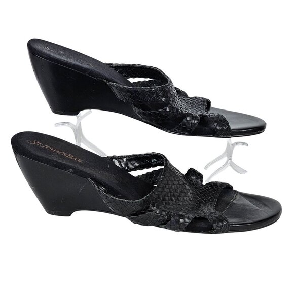 Womens 8.5 Black Leather Open Toe Chunky Heel Slip-on Work Business Casual Comfy - Picture 15 of 15